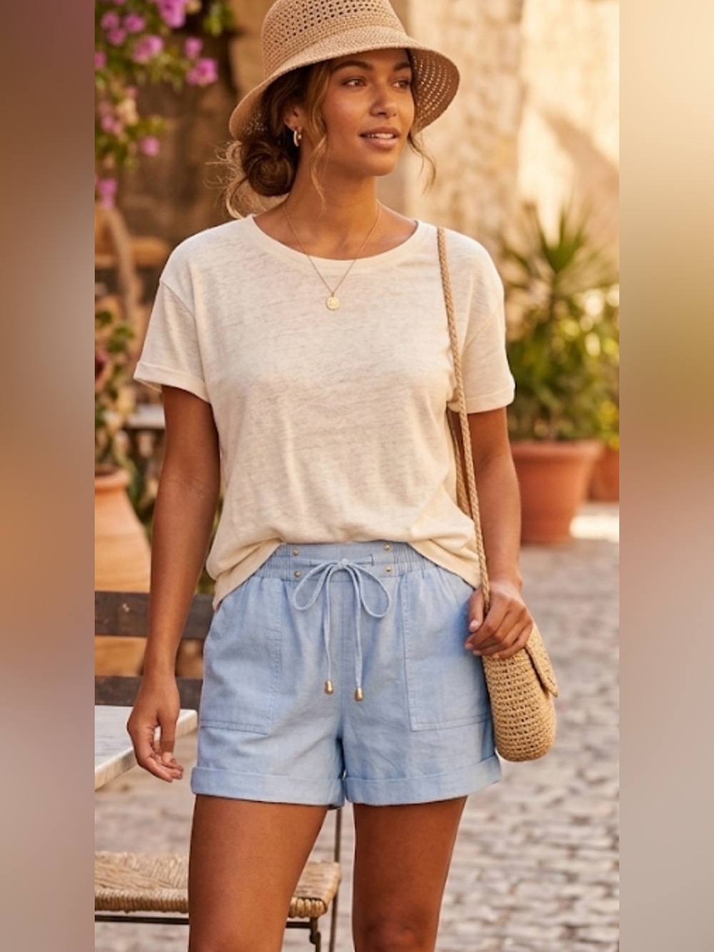 SIMPLY BLESSED Light Blue Drawstring Linen-Blend Shorts size medium